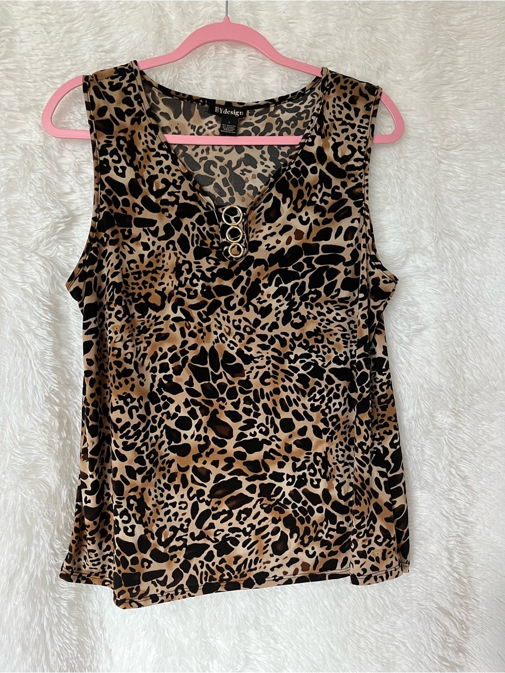 Sleeveless Leopard Print V-Neck Tank Top with Ring Detail - Brown